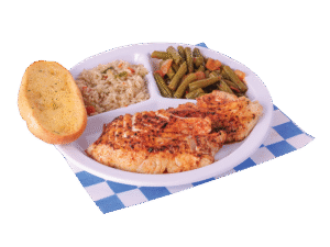 2pc. Grilled Fish plate with two sides and a slice of garlic bread.