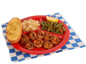 8 PC. Grilled Shrimp Plate with green beans, rice, & garlic bread