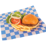 Hamburger with lettuce, tomatoes, onions, and french fries.