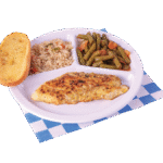 Grilled Lemon Peper code with two sides and a slice of garlic bread.