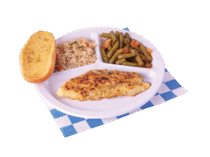 Grilled Lemon Peper code with two sides and a slice of garlic bread.