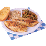 2pc. Lemon Pepper Cod plate with two sides and a slice of garlic bread.
