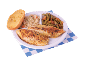 2pc. Lemon Pepper Cod plate with two sides and a slice of garlic bread.