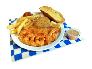 Fisherman's Platter served with one fried cod, six fried shrimp, 1 fried crab cake, french fries, coleslaw, hush puppy, garlic bread, and slice of lemon.