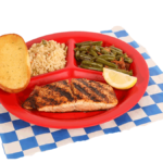 Grilled Salmon Plate with green beans, rice, & garlic bread