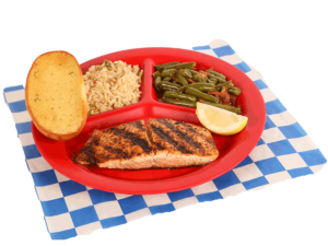 Grilled Salmon Plate with green beans, rice, & garlic bread