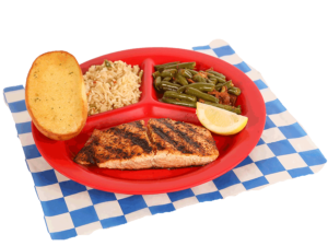 Grilled Salmon Plate with green beans, rice, & garlic bread