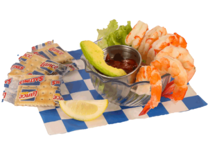 Shrimp Cocktail includes 6 boiled shrimp served with cocktail sauce, slice of avocado, & crackers