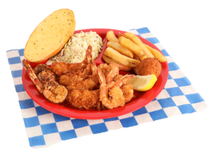 Shrimp Platter includes 4 fried shrimp, 4 coconut shrimp, 4 grilled shrimp, french fries, coleslaw, garlic bread, & hush puppy