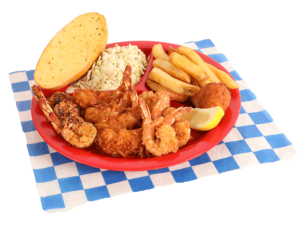 Shrimp Platter includes 4 fried shrimp, 4 coconut shrimp, 4 grilled shrimp, french fries, coleslaw, garlic bread, & hush puppy