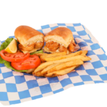 Shrimp Sandwich with lettuce, tomato, tartar sauce, & french fries