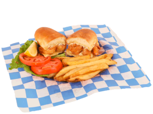 Shrimp Sandwich with lettuce, tomato, tartar sauce, & french fries