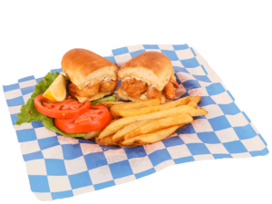 Shrimp Sandwich with lettuce, tomato, tartar sauce, & french fries