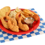 Stuffed Shrimp Plate includes 5 stuffed shrimp, french fries, coleslaw, garlic bread, hush puppy, & stingray sauce