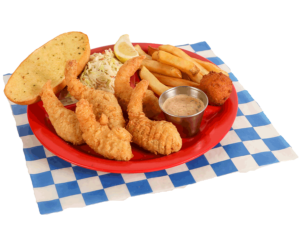 Stuffed Shrimp Plate includes 5 stuffed shrimp, french fries, coleslaw, garlic bread, hush puppy, & stingray sauce