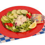 Avocado Shrimp Salad served with six slices of avocado & crackers