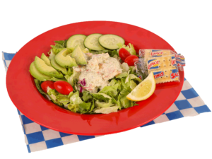 Avocado Shrimp Salad served with six slices of avocado & crackers