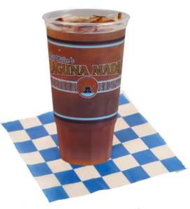 Large Iced tea on a white and blue checkered paper.