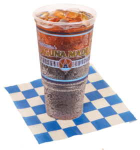 Large soda on a white and blue checkered paper.