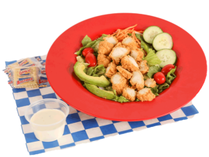 Garden Salad With Chicken Tenders served with ranch dressing and crackers