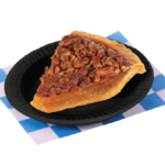 A slice of Pecan Pie on a small black plate. Placed on a blue and white checkered plate.
