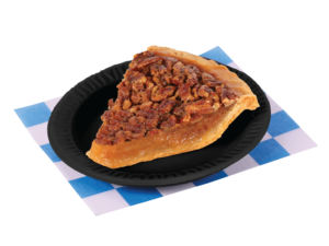 A slice of Pecan Pie on a small black plate. Placed on a blue and white checkered plate.