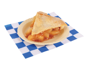 Slice of a plated apple pie on a blue and white checkered paper