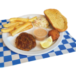 1 PC Grilled Crab Cake Plate with french fries, colelsaw, garlic bread, hush puppy, slice of lemon plated on a red plate on top of a white and blue checker paper