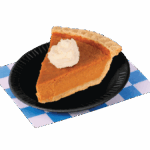 Slice of pumpkin pie with a dollop of whipped cream on a small black plate. Placed on a blue and white checkered paper