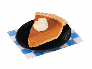 Slice of pumpkin pie with a dollop of whipped cream on a small black plate. Placed on a blue and white checkered paper