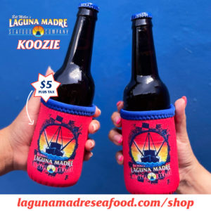 Koozie. $5 plus tax. Image of two beers with Laguna Madre Koozie's on side by side.