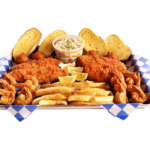 4 PC. Fried Cod & 12 Fried Shrimp with french fries, coleslaw, garlic bread, and hush puppies.