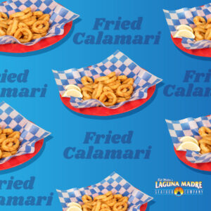 Fried Calamari. Images of an order of our fried calamari repeating on a blue background with the words "Fried Calamari" repeating.