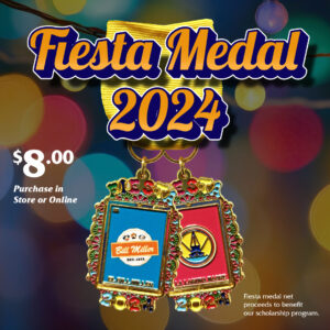Fiesta Medal 2024. $8.00 Purchase in Store or Online. Fiesta medal net proceeds to benefit our scholarship program. Image of our 2024 fiesta medal showing the Bill Miller side and Laguna Madre side with a blurred lights background with hanging lights.