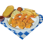 6 Pc. Jumbo Shrimp Plate includes Fries, Coleslaw, Bread, & a Hush Puppy.