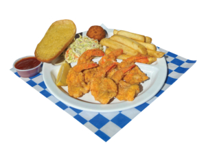 6 Pc. Jumbo Shrimp Plate includes Fries, Coleslaw, Bread, & a Hush Puppy.