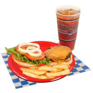 Cheeseburger with fries, lettuce, tomato, pickles, and an iced tea on a white and blue checker paper