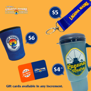 Laguna Madre logo. A $5.00 lanyard, $6.00 cup sleeve, $4.75 Texas Tea Bucket, and co-branded Bill Miller and Laguna Madre gift card are displayed with orange and yellow accents in the background.