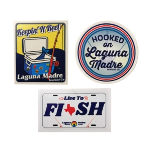 Image contains 3 Laguna Madre stickers Keepin' it Reel, Hooked on Laguna Madre, and FISH License plate sticker